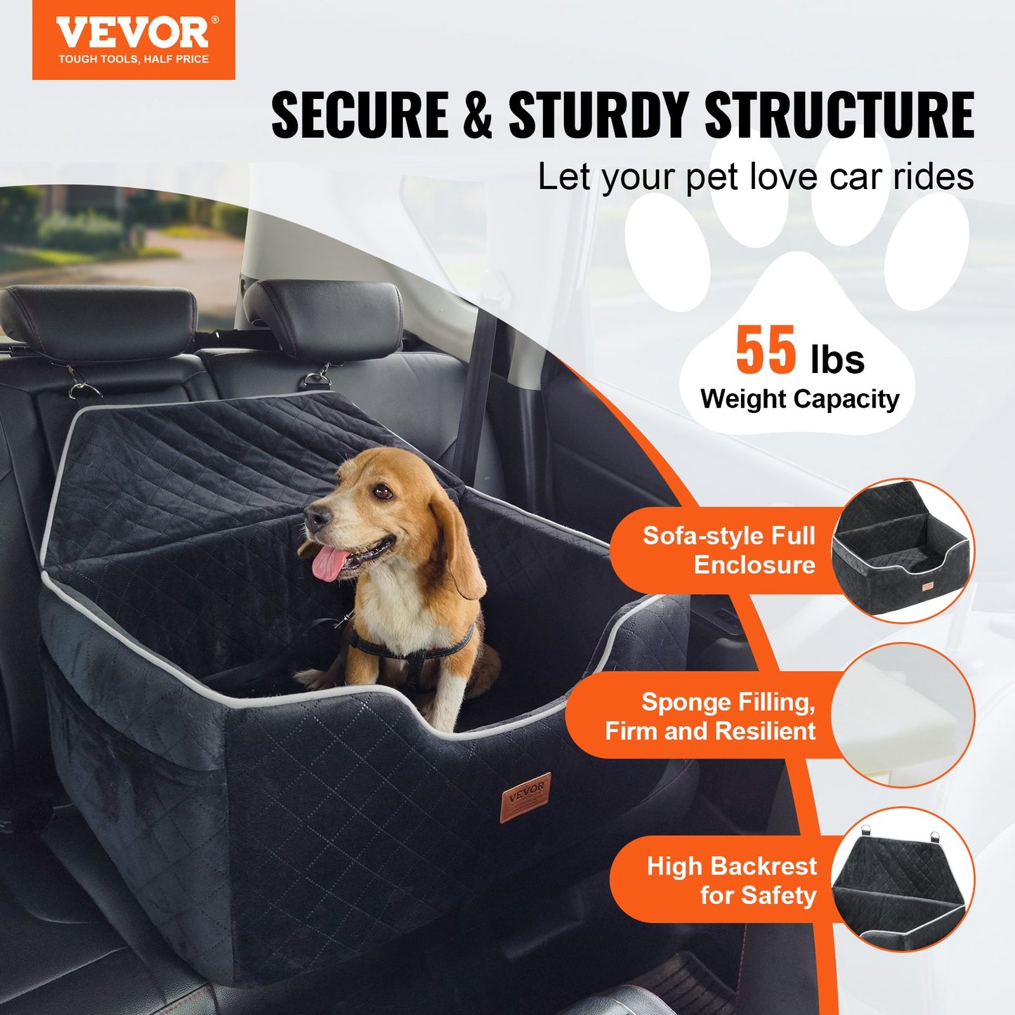 Dog Car Seat, Dog Booster Seat For Car With A Storage Pocket, Pet Car Seat With Clip-On Safety Leash, Sponge Filling, Dog Car Bed For Medium & Large Dog Up To 55 Lbs, Black